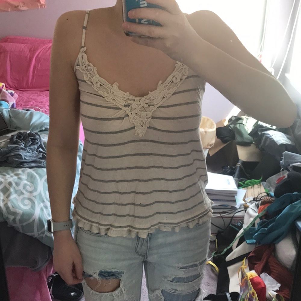 Grey & cream striped tank top w/ crochet neckline